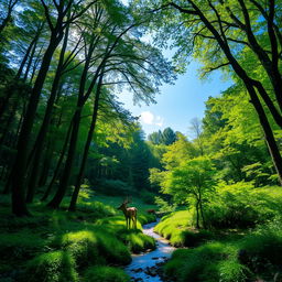 A lush green forest scene with tall trees, a clear blue sky visible through the canopy, and a gentle stream flowing through the vegetation