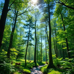 A lush green forest scene with tall trees, a clear blue sky visible through the canopy, and a gentle stream flowing through the vegetation