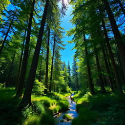 A lush green forest scene with tall trees, a clear blue sky visible through the canopy, and a gentle stream flowing through the vegetation