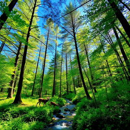 A lush green forest scene with tall trees, a clear blue sky visible through the canopy, and a gentle stream flowing through the vegetation