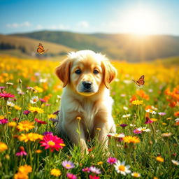 A golden retriever puppy sitting playfully in a meadow filled with vibrant wildflowers