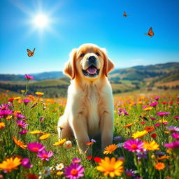 A golden retriever puppy sitting playfully in a meadow filled with vibrant wildflowers