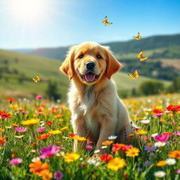 A golden retriever puppy sitting playfully in a meadow filled with vibrant wildflowers