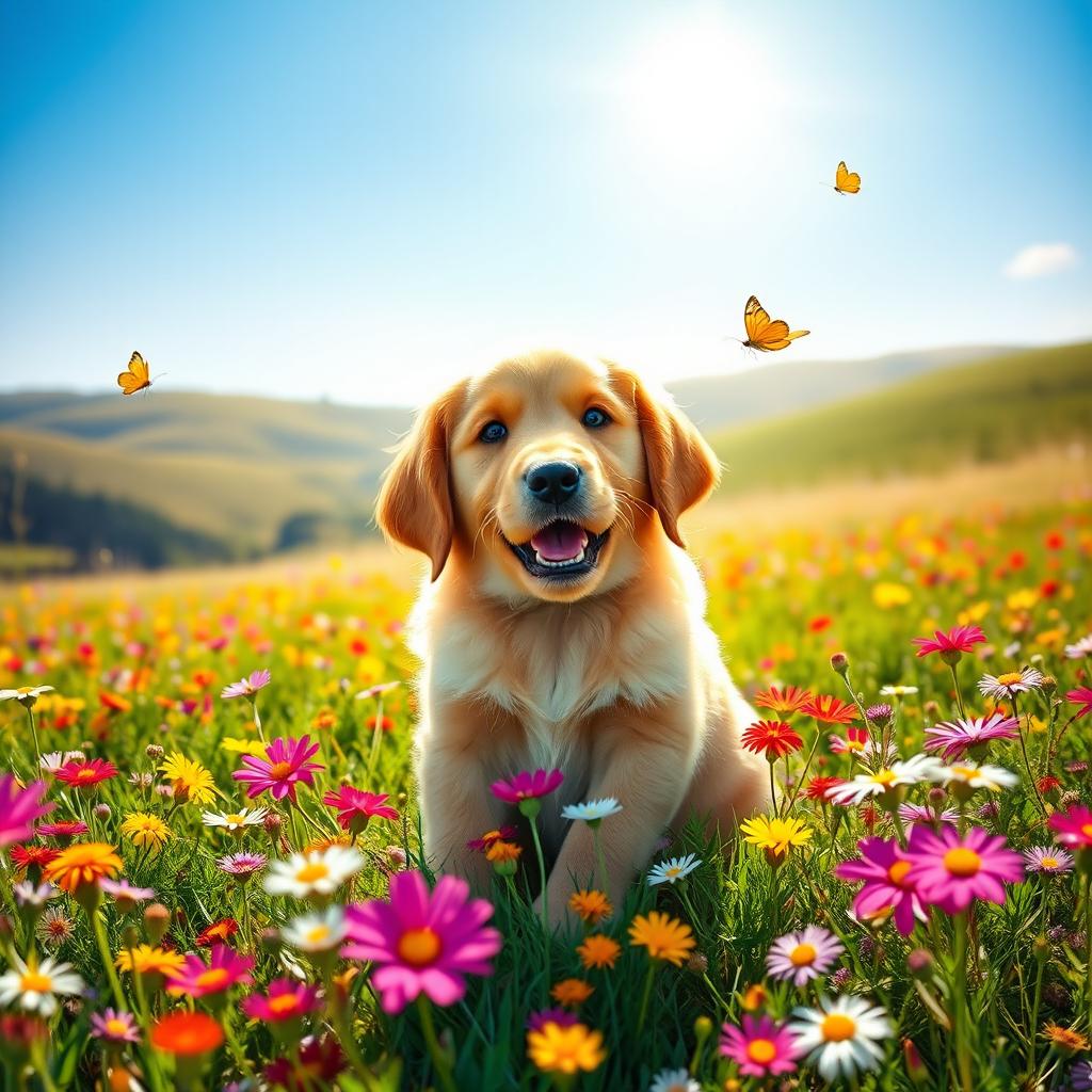 A golden retriever puppy sitting playfully in a meadow filled with vibrant wildflowers