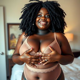 A sexy BBW ebony MILF with very dark black skin and afro dread hair