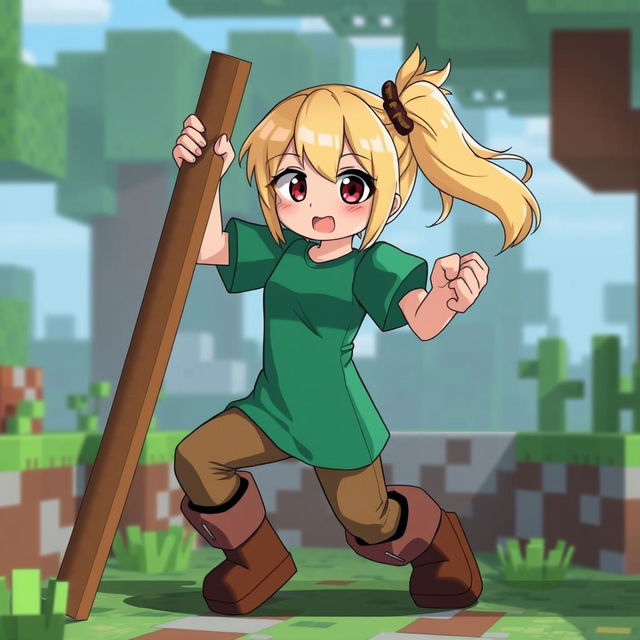 Alex from Minecraft in anime style, inspired by the Silpajea YouTube channel, is humorously interacting with a Minecraft wooden stick