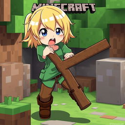 Alex from Minecraft in anime style, inspired by the Silpajea YouTube channel, is humorously interacting with a Minecraft wooden stick