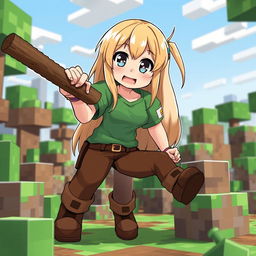 Alex from Minecraft in anime style, inspired by the Silpajea YouTube channel, is humorously interacting with a Minecraft wooden stick