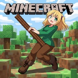 Alex from Minecraft in anime style, inspired by the Silpajea YouTube channel, is humorously interacting with a Minecraft wooden stick