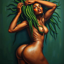 A polished, oil-based painting depicting a full nude body from an aerial view of a gorgeous black woman with bright green tree-like dreadlocks, beautiful breasts, and a big booty in a sensual pose, looking up