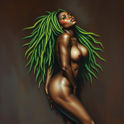 A polished, oil-based painting depicting a full nude body from an aerial view of a gorgeous black woman with bright green tree-like dreadlocks, beautiful breasts, and a big booty in a sensual pose, looking up