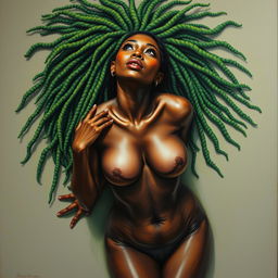 A polished, oil-based painting depicting a full nude body from an aerial view of a gorgeous black woman with bright green tree-like dreadlocks, beautiful breasts, and a big booty in a sensual pose, looking up