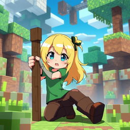 Alex from Minecraft in anime style, inspired by the Silpajea YouTube channel, playfully interacting with a small wooden pole in a fantasy environment