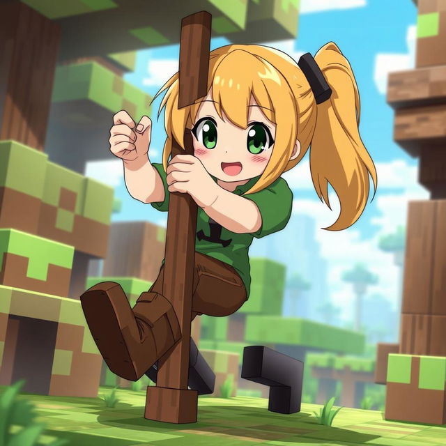 Alex from Minecraft in anime style, inspired by the Silpajea YouTube channel, playfully interacting with a small wooden pole in a fantasy environment