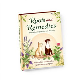 An artistic book cover for "Roots and Remedies: Herbal Healing for Humans and Pets"