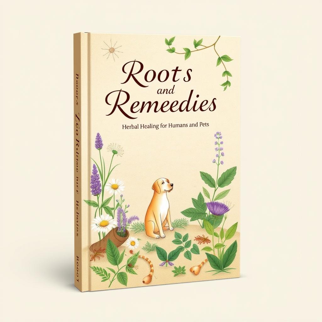 An artistic book cover for "Roots and Remedies: Herbal Healing for Humans and Pets"