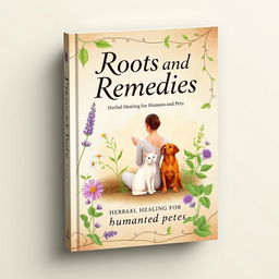 An artistic book cover for "Roots and Remedies: Herbal Healing for Humans and Pets"