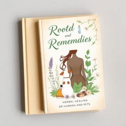 An artistic book cover for "Roots and Remedies: Herbal Healing for Humans and Pets"