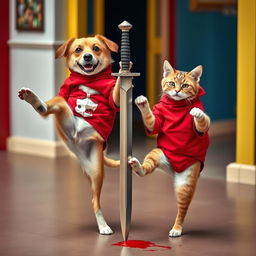 Dogs and cats balancing on one leg wearing red clothing, with a sword gently resting against one of their paws, creating a playful and slightly daring scene