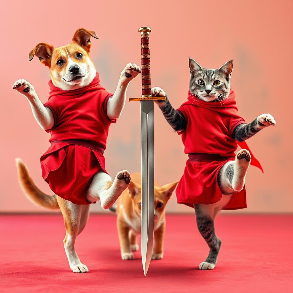 Dogs and cats balancing on one leg wearing red clothing, with a sword gently resting against one of their paws, creating a playful and slightly daring scene