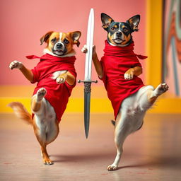 Dogs and cats balancing on one leg wearing red clothing, with a sword gently resting against one of their paws, creating a playful and slightly daring scene