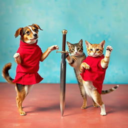 Dogs and cats balancing on one leg wearing red clothing, with a sword gently resting against one of their paws, creating a playful and slightly daring scene