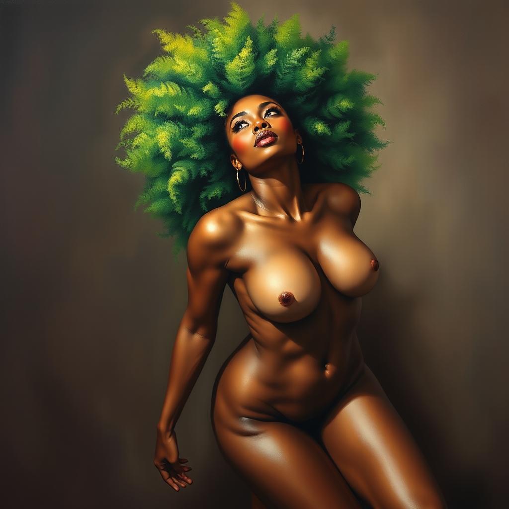 A polished, oil-based painting depicting a full nude body aerial view of a gorgeous black woman with a bright green tree afro, beautiful breasts, and a big booty in a sensual pose, looking up