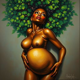 A polished, oil-based painting depicting a full nude body aerial view of a gorgeous black woman with a bright green tree afro, beautiful breasts, and a big booty in a sensual pose, looking up