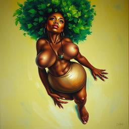 A polished, oil-based painting depicting a full nude body aerial view of a gorgeous black woman with a bright green tree afro, beautiful breasts, and a big booty in a sensual pose, looking up