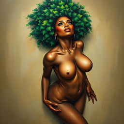 A polished, oil-based painting depicting a full nude body aerial view of a gorgeous black woman with a bright green tree afro, beautiful breasts, and a big booty in a sensual pose, looking up