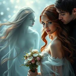 A mystical scene featuring a woman with captivating blue eyes and flowing brown hair, adorned in an elegant bridal dress