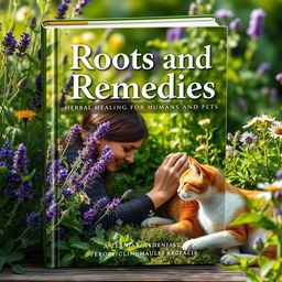 A photorealistic book cover for "Roots and Remedies: Herbal Healing for Humans and Pets"