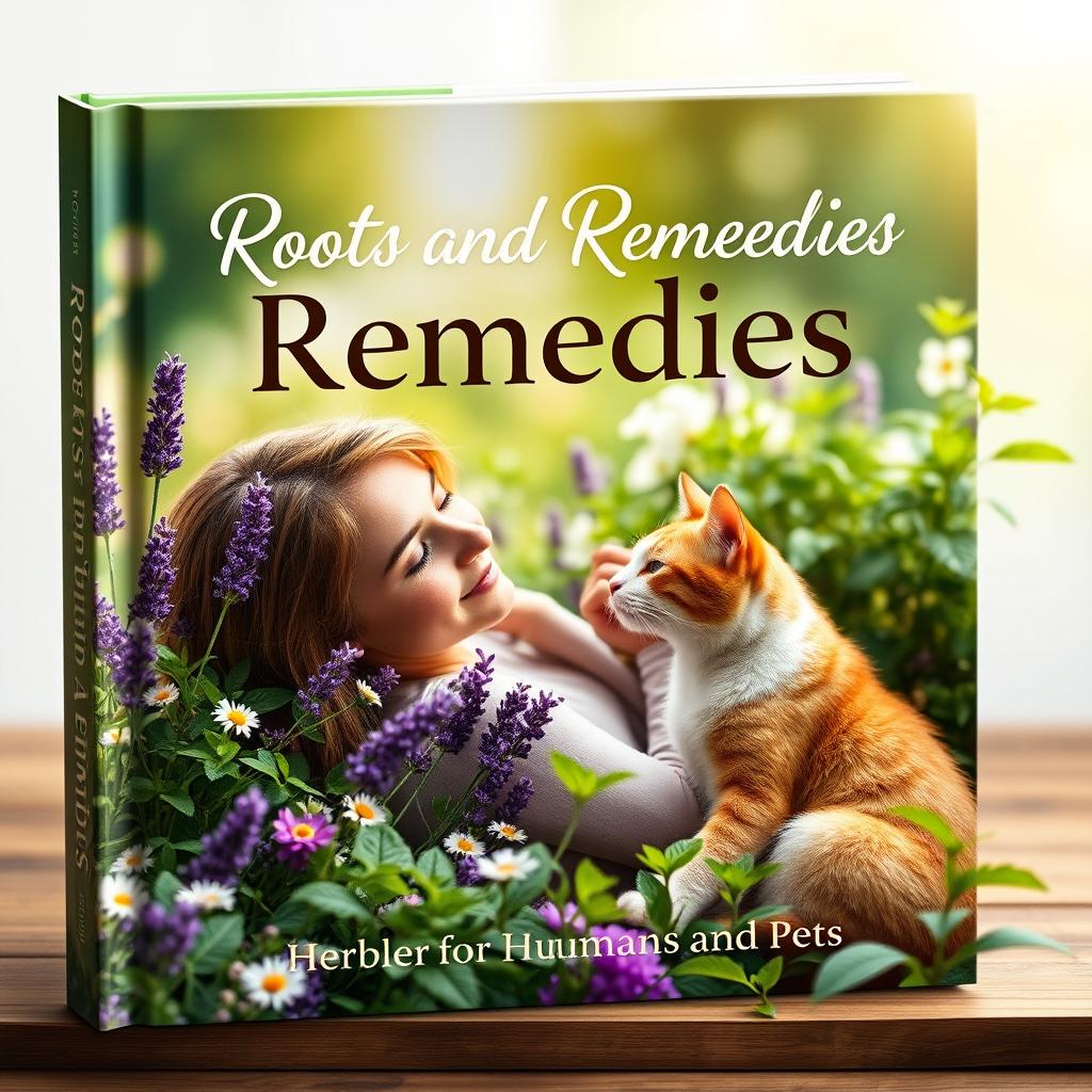 A photorealistic book cover for "Roots and Remedies: Herbal Healing for Humans and Pets"