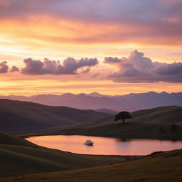 A scenic landscape at sunset with rolling hills, a serene lake reflecting the sky, and a lone tree on the horizon