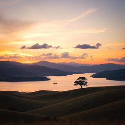 A scenic landscape at sunset with rolling hills, a serene lake reflecting the sky, and a lone tree on the horizon