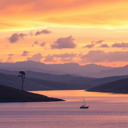 A scenic landscape at sunset with rolling hills, a serene lake reflecting the sky, and a lone tree on the horizon