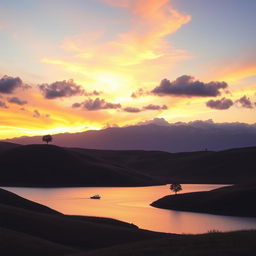 A scenic landscape at sunset with rolling hills, a serene lake reflecting the sky, and a lone tree on the horizon