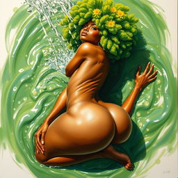 A polished, oil-based painting depicting a full nude body aerial view of a gorgeous black woman with a bright green tree afro, beautiful breasts, and a big booty in a sensual pose, looking up