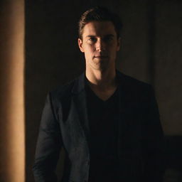 A handsome and cool man, radiating confidence, standing in a dimly lit room