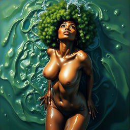A polished, oil-based painting depicting a full nude body aerial view of a gorgeous black woman with a bright green tree afro, beautiful breasts, and a big booty in a sensual pose, looking up