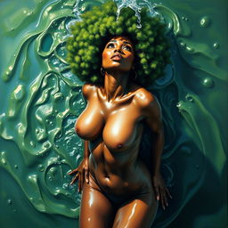 A polished, oil-based painting depicting a full nude body aerial view of a gorgeous black woman with a bright green tree afro, beautiful breasts, and a big booty in a sensual pose, looking up