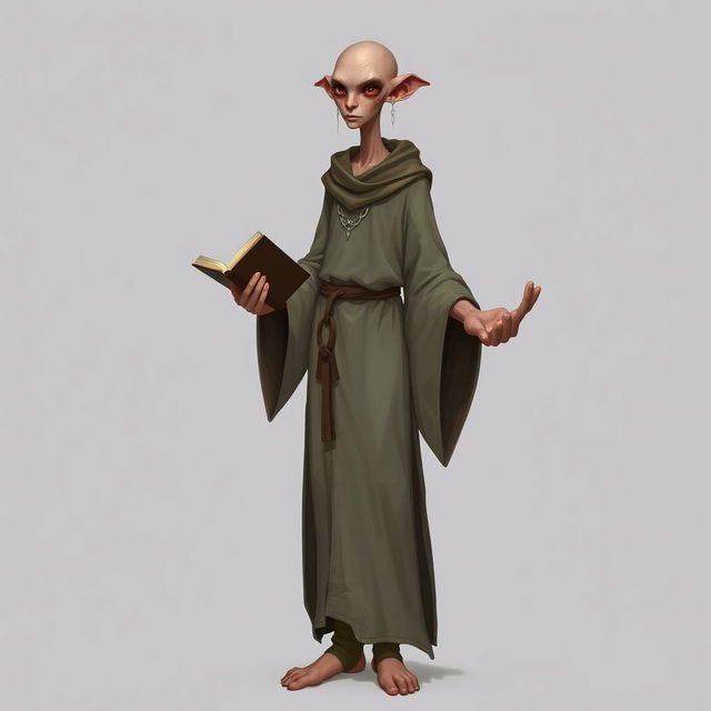 A tall and slender humanoid with fair skin and almost no body hair, except for a few white hairs on the eyebrows