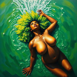 A polished, oil-based painting depicting a full nude body aerial view of a gorgeous black woman with a bright green tree afro, beautiful breasts, and a big booty in a sensual pose, looking up