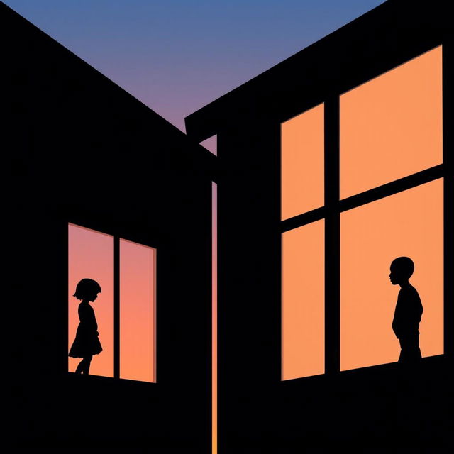 Two buildings in silhouette with windows facing each other