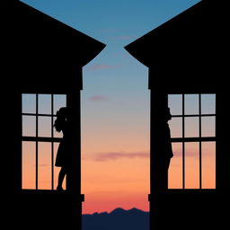 Two buildings in silhouette with windows facing each other