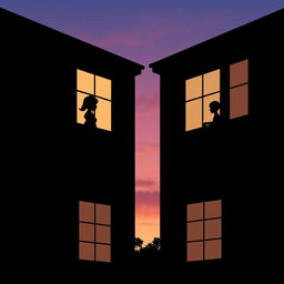 Two buildings in silhouette with windows facing each other