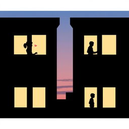 Two buildings in silhouette with windows facing each other