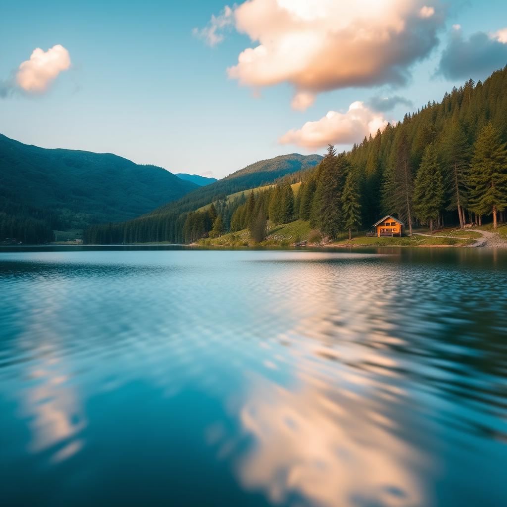 A serene landscape featuring a tranquil lake in the foreground, reflecting the surrounding lush green hills and a clear blue sky dotted with a few fluffy white clouds