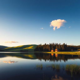 A serene landscape featuring a tranquil lake in the foreground, reflecting the surrounding lush green hills and a clear blue sky dotted with a few fluffy white clouds