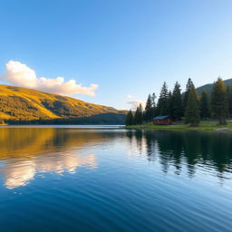 A serene landscape featuring a tranquil lake in the foreground, reflecting the surrounding lush green hills and a clear blue sky dotted with a few fluffy white clouds